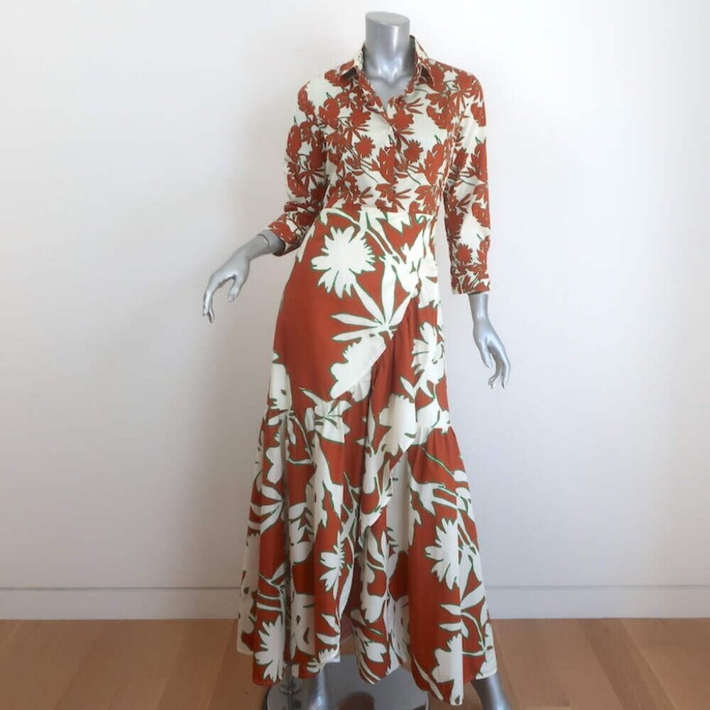 Sara Roka Madu Maxi Shirtdress Brown/Cream Floral Print Ruffled Cotton Size 40